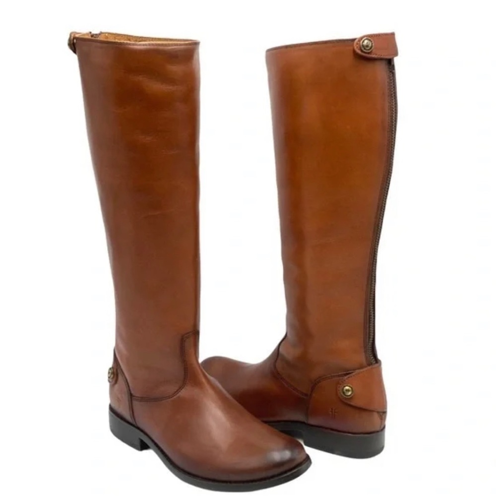 NEW Frye Melissa Button Lug Back-Zip Leather Knee High Boot in Cognac